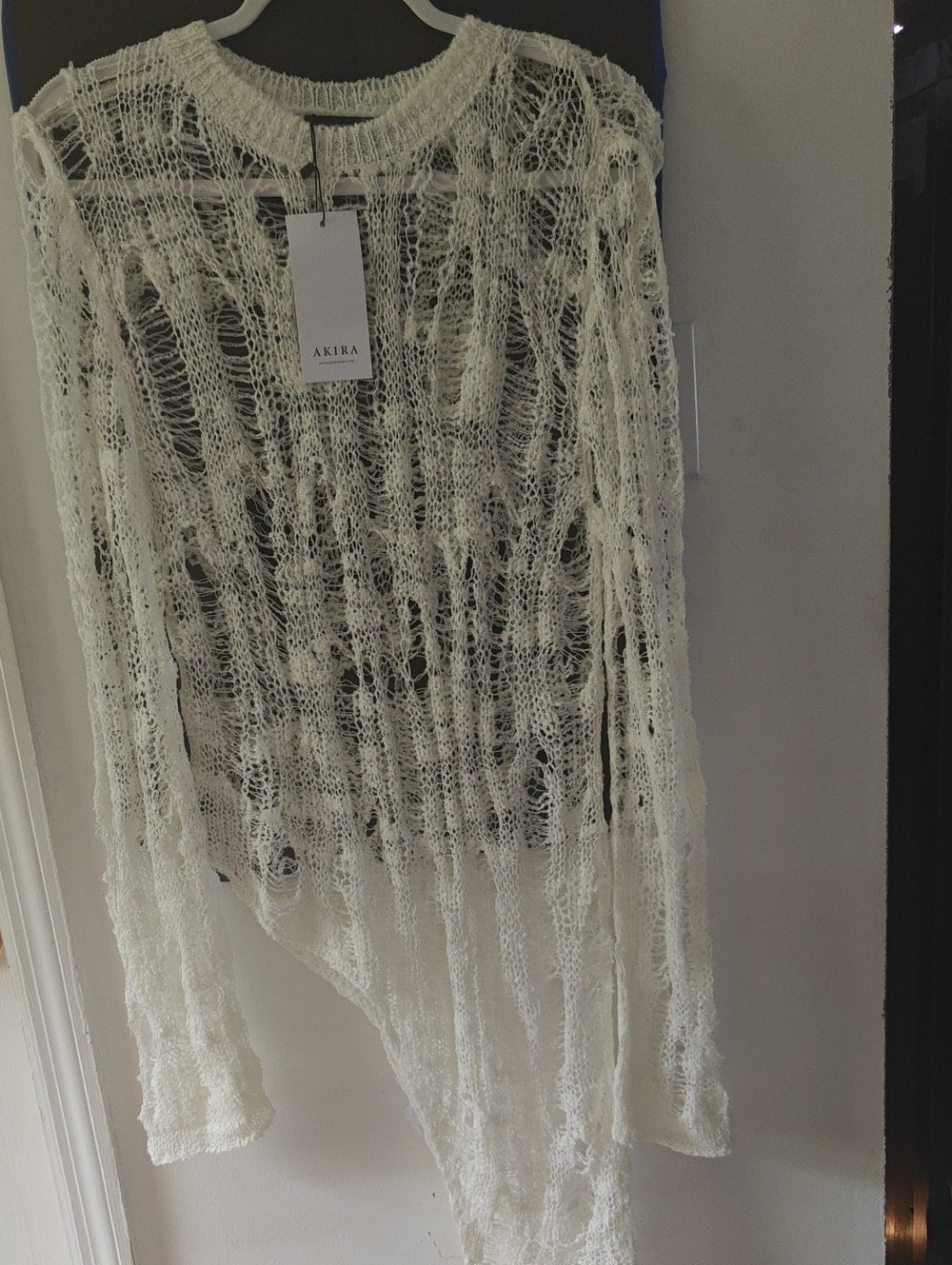 AKIRA Ivory Distressed Open-Knit Asymmetrical Skirt